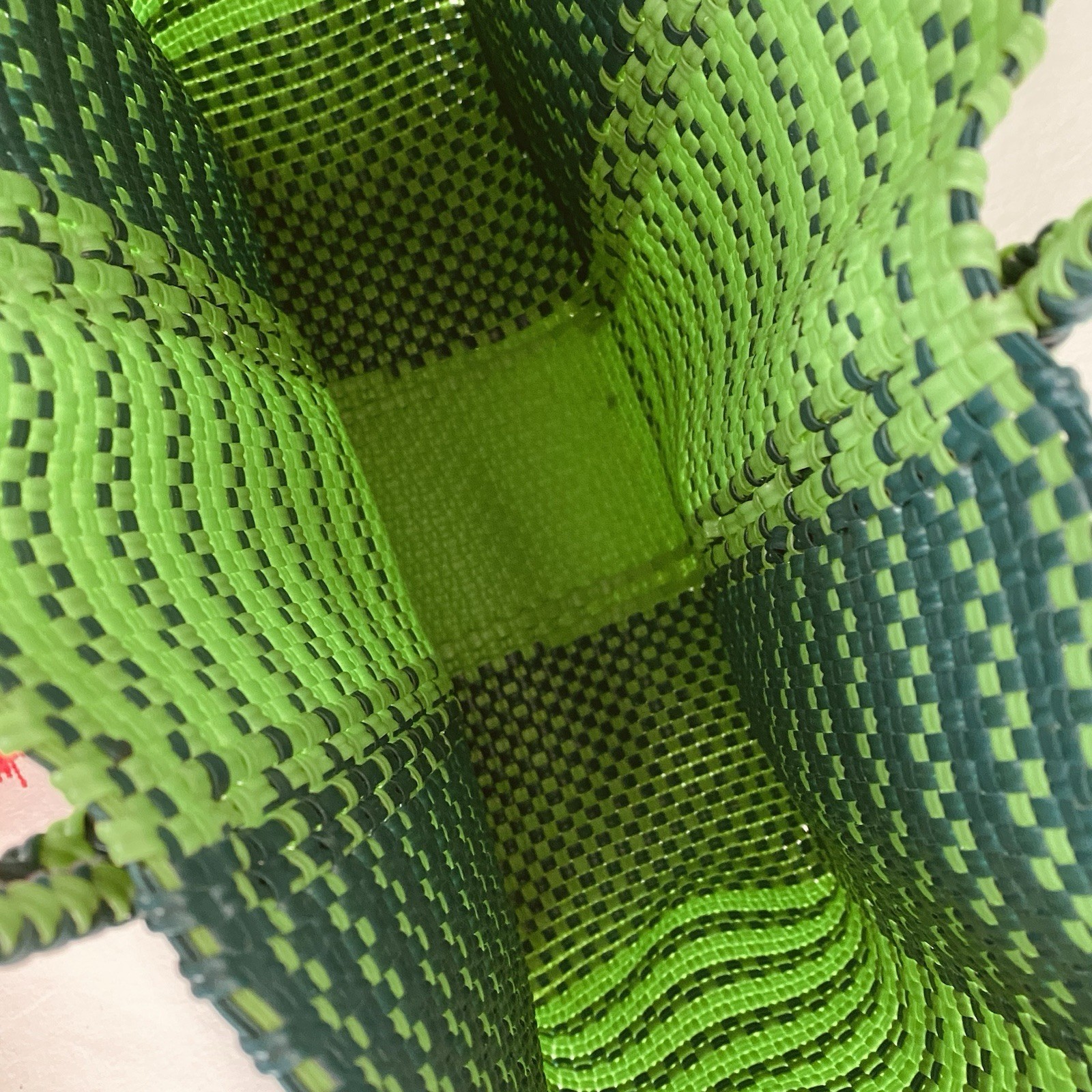 Oaxaca Mexico Hand Woven Recycled Plastic 13″ Green Market Tote Bag & Pom
