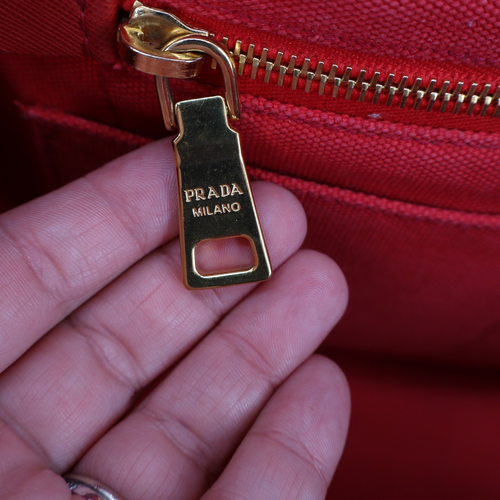 Prada Canapa Tote Bag Red Canvas Logo Handbag Rosso Gold Hardware