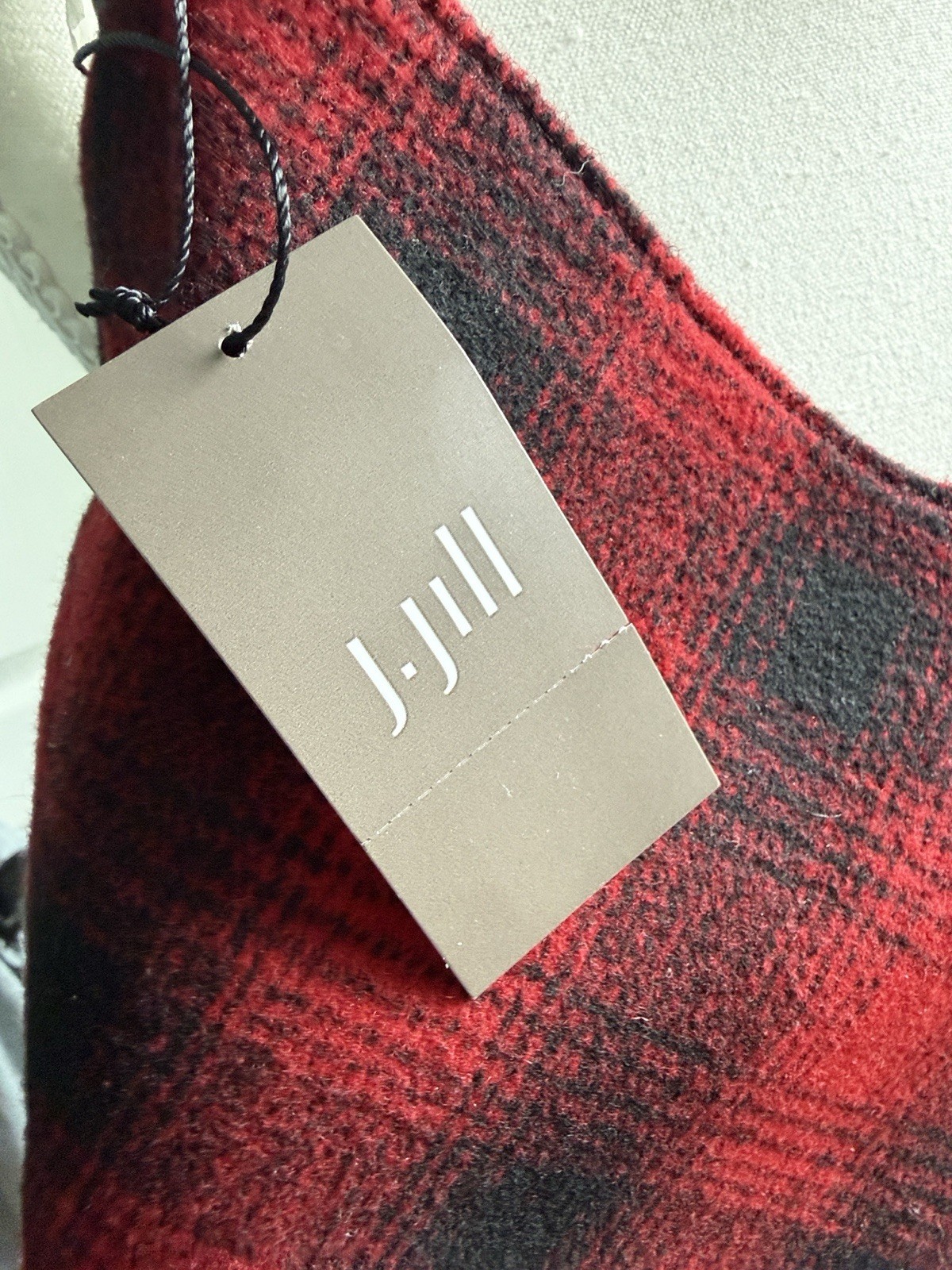 J Jill Shoulder Bag Black Red Buffalo Plaid WOOL Blend Hobo Leather Strap Purse