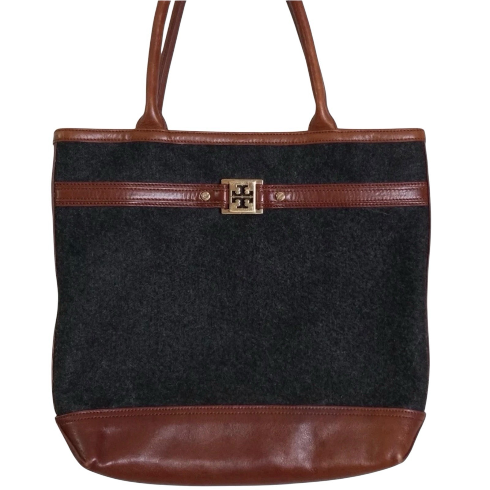 TORY BURCH Brown Leather & Charcoal Gray Flannel Wool Felt Tote Bag Purse