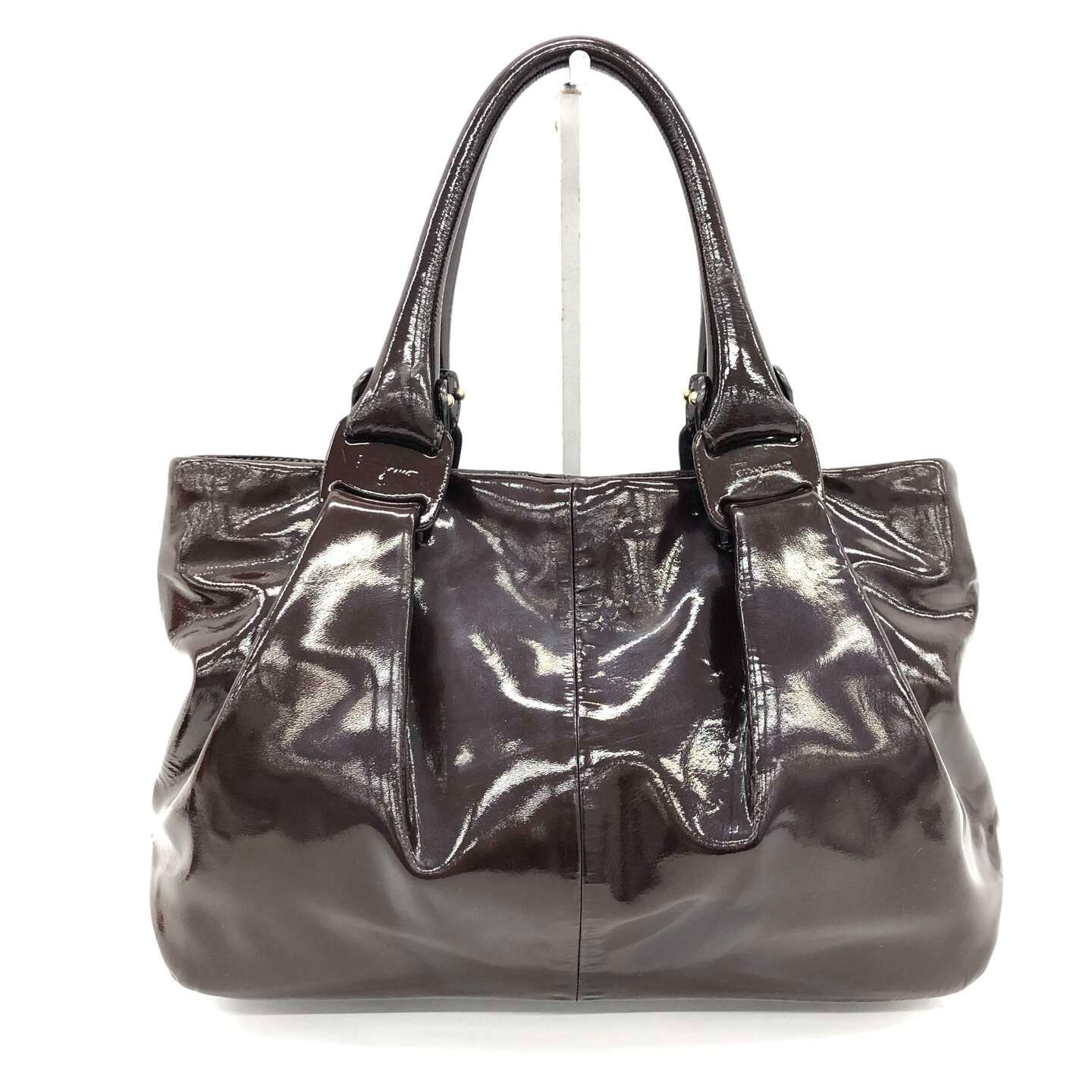 Salvatore Ferragamo Patent Leather Tote Bag Brown Large Shoulder Bag Zip Closure