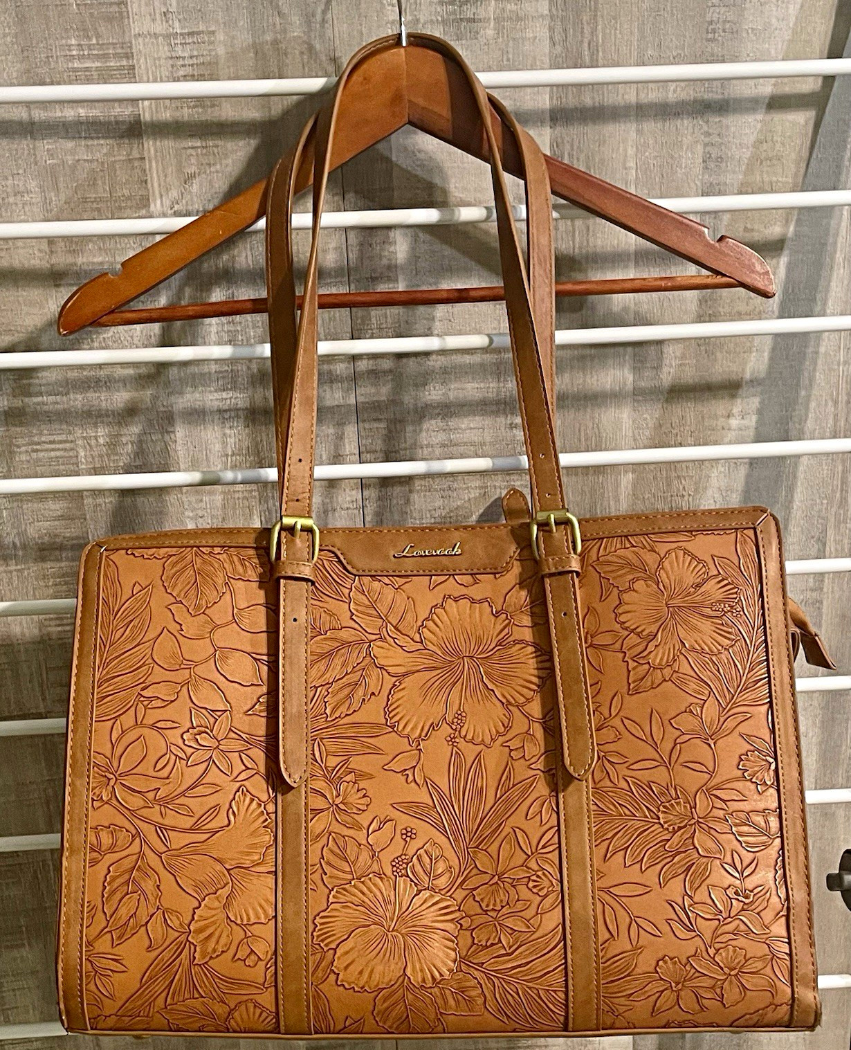 Lovevook Brown Floral Embossed Tote Zip Shoulder Strap Gold Hardware