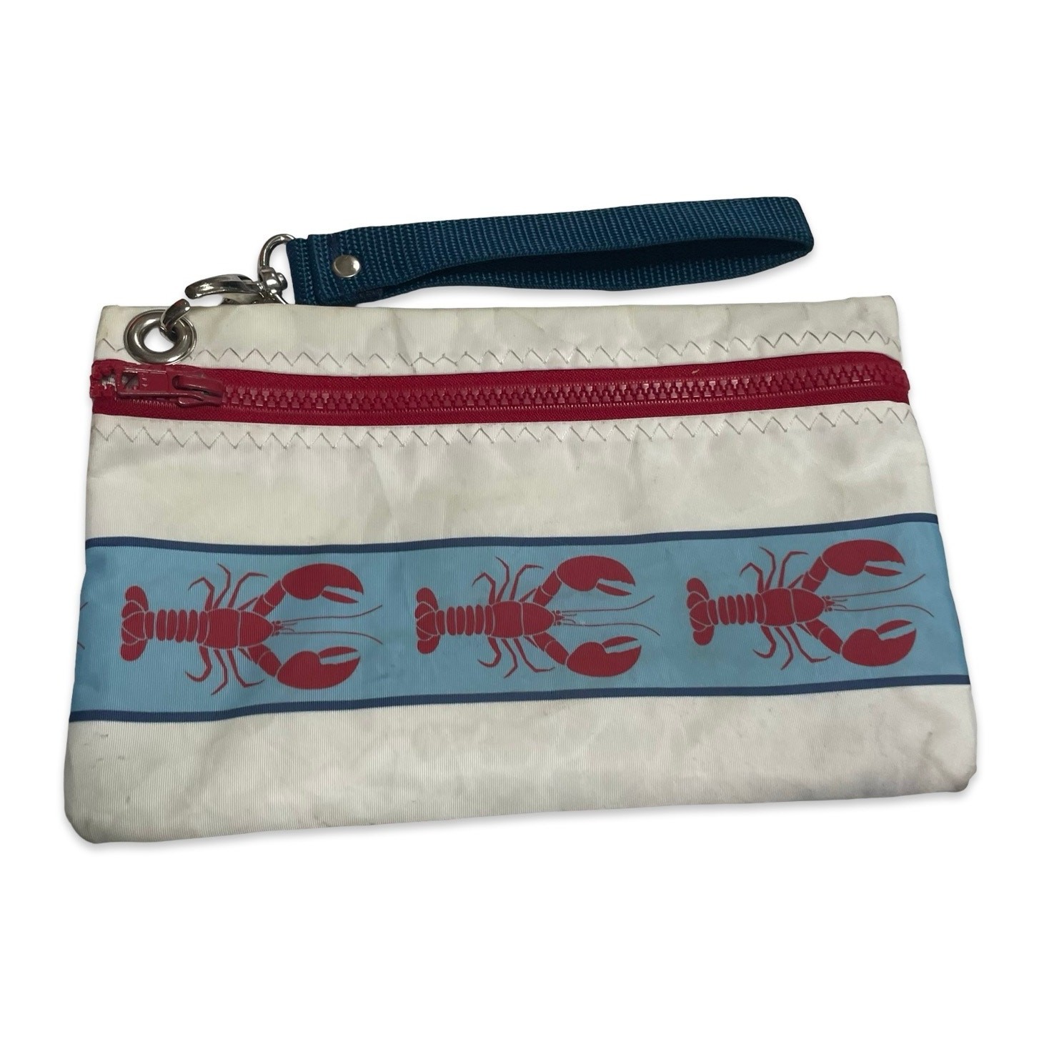 Sail Anew Geneva IL Recycled Sailcloth Wristlet Pouch Red Lobster Blue Stripe