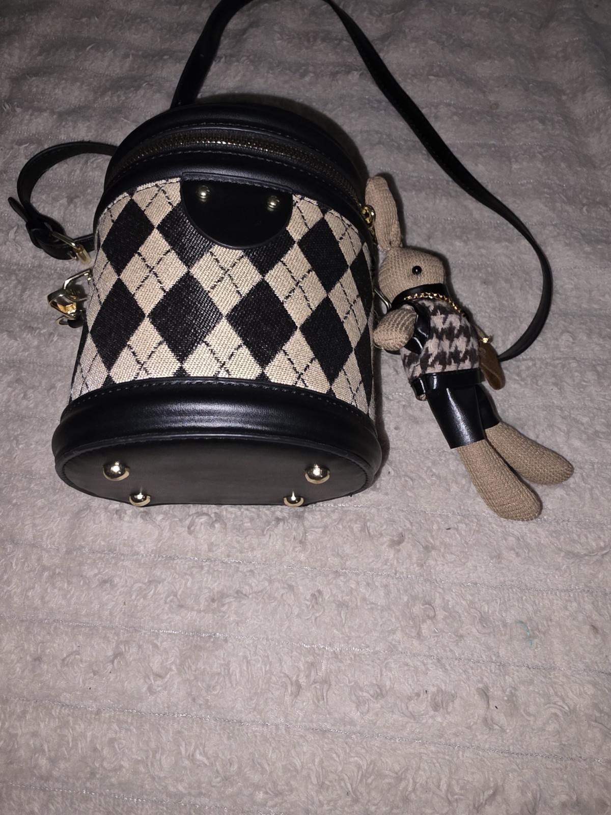Black/Beige Checkered Round Crossbody Bag, Zip Closure, Gold Hardware, Bunny