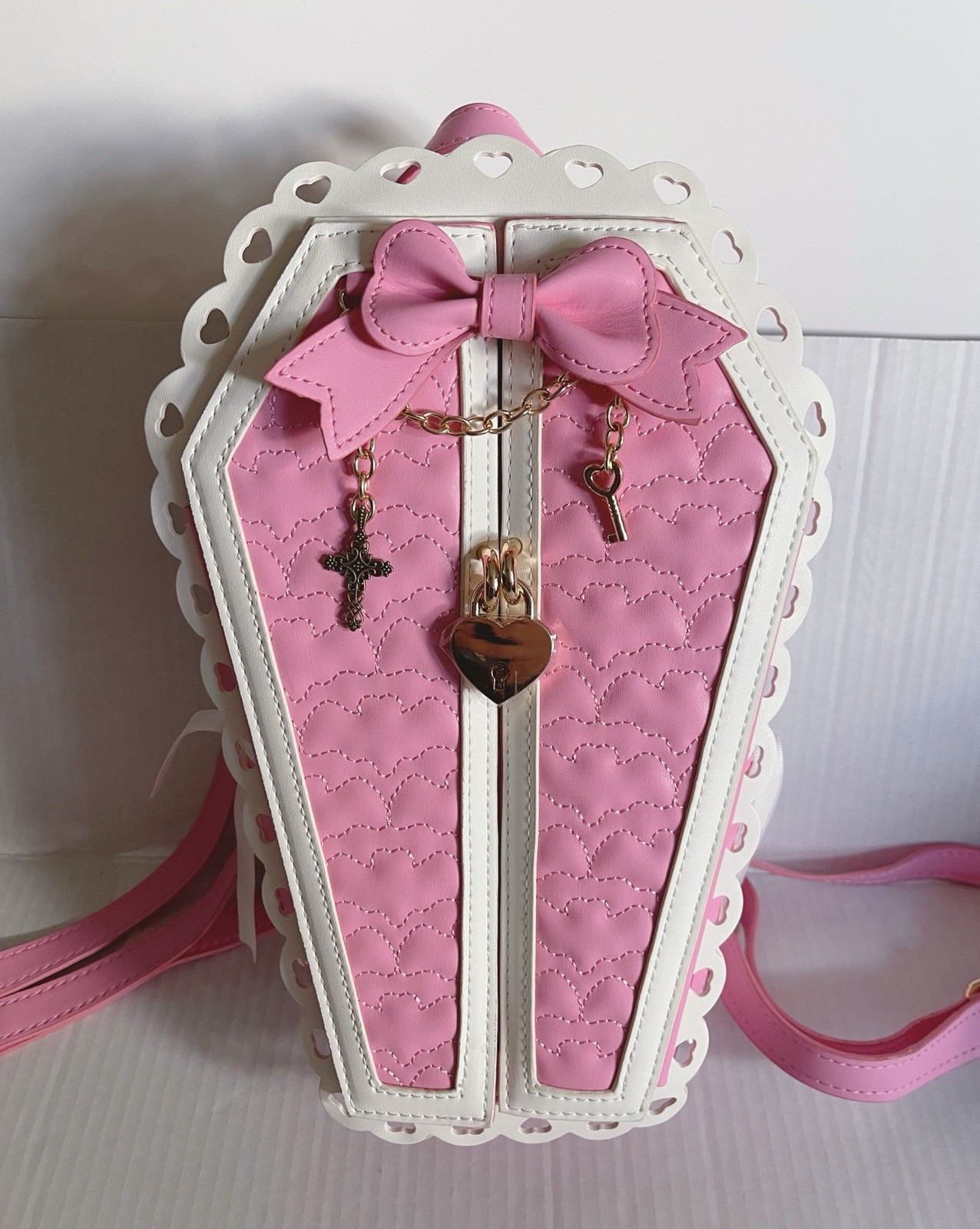 Pink White Coffin Ita Bag Mini Backpack Purse w/ Lock & Key by SugarMeki