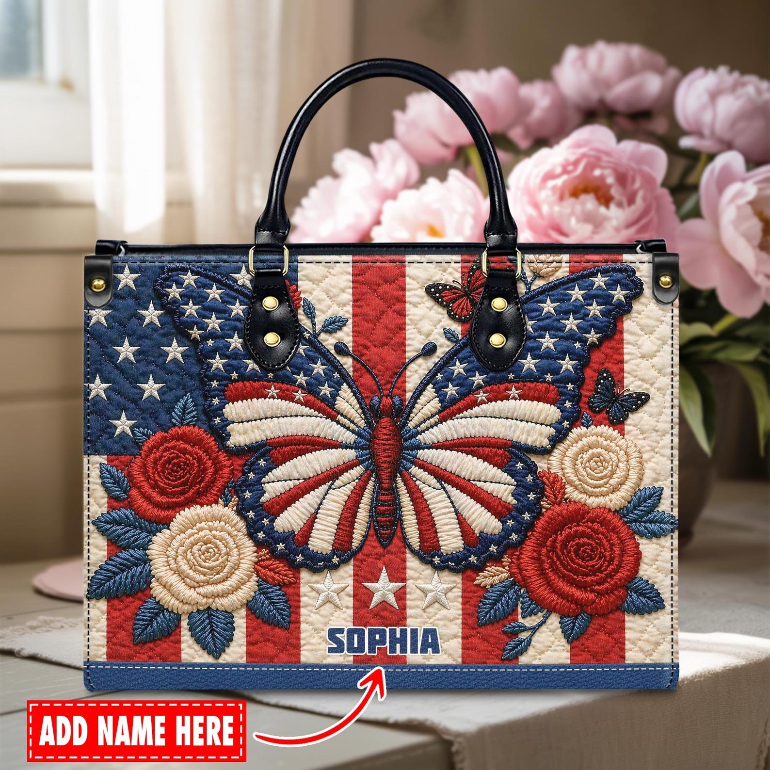 Personalized America 250 Years Flag 1776-2026 Leather Handbag,USA Butterfly Anni