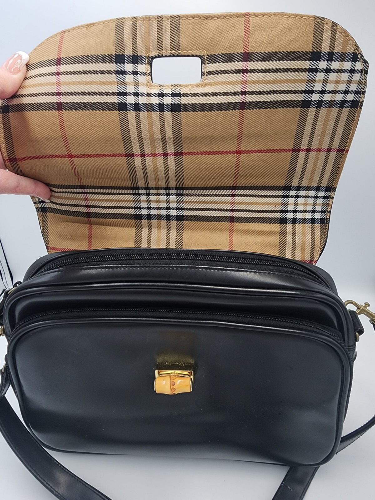 Faux Leather Purse w/ Bamboo Top Handle & Latch Detachable Shoulder Strap & Key