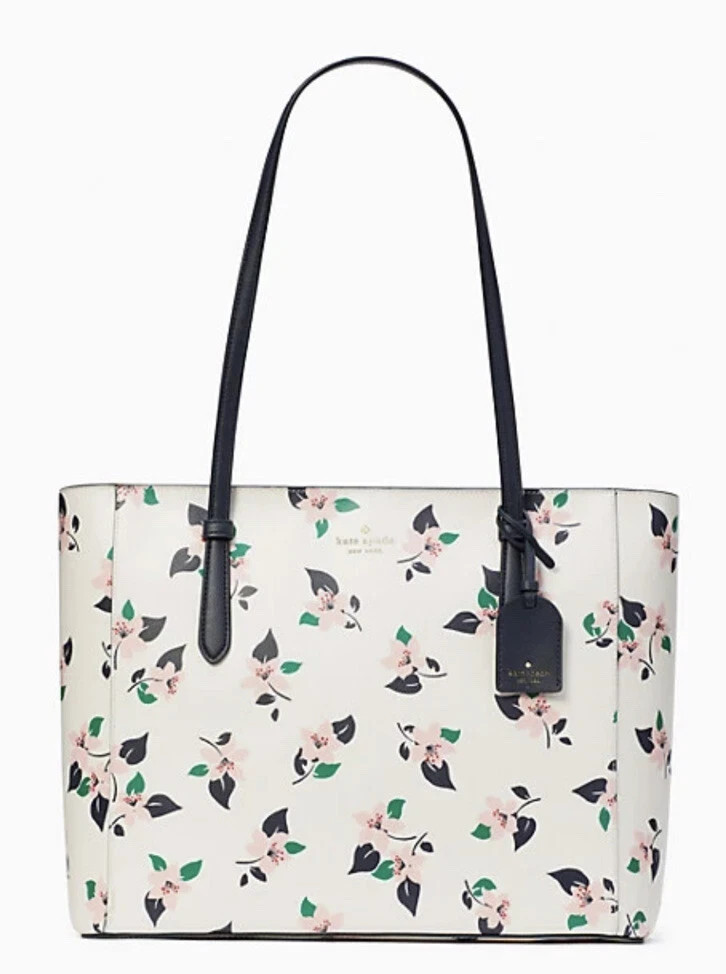Kate Spade Schuyler Medium Leather Tote Bag Cream Multi Lily Blooms Floral Bag.
