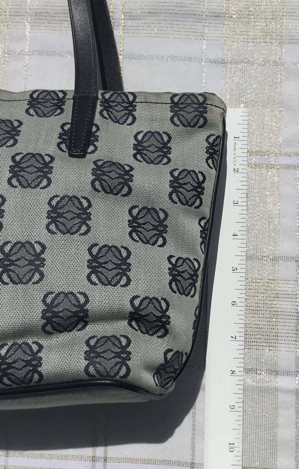 Loewe Anagram Patterned Canvas Tote With Navy Leather Handles Trim With COA