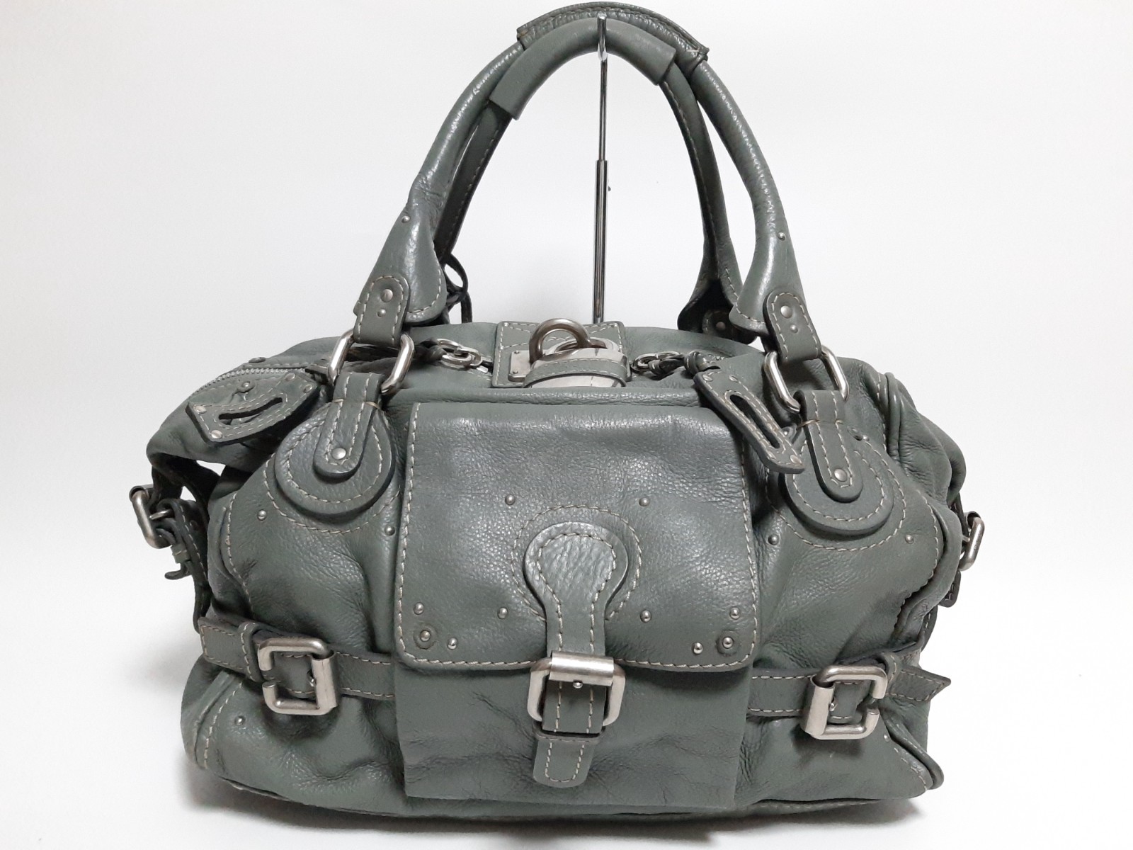 Chloe Paddington Shoulder Hand Bag Purse Leather Gray Khaki Padlock Key