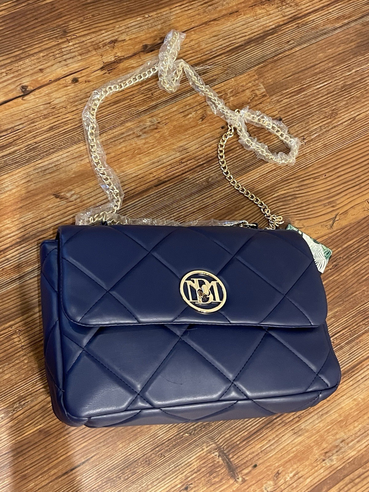 BADGLEY MISCHKA Top Handle Handbag Navy Blue Quilted with Letter Lock NWT
