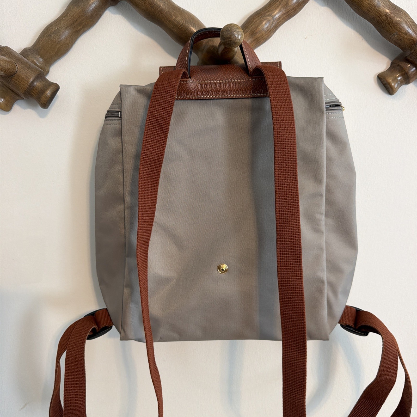Longchamp Gray Backpack Brown Trim Gold Hardware Medium Zip Snap Women