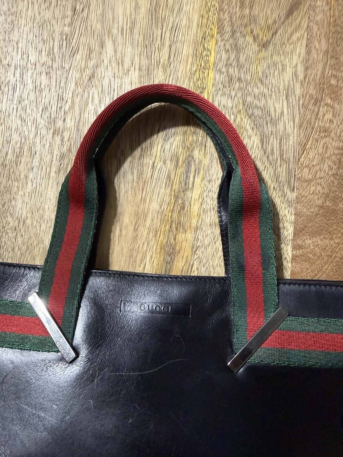 Gucci Black Tote Web Stripe Top Handle Zip, Inner Pockets, Silver HW