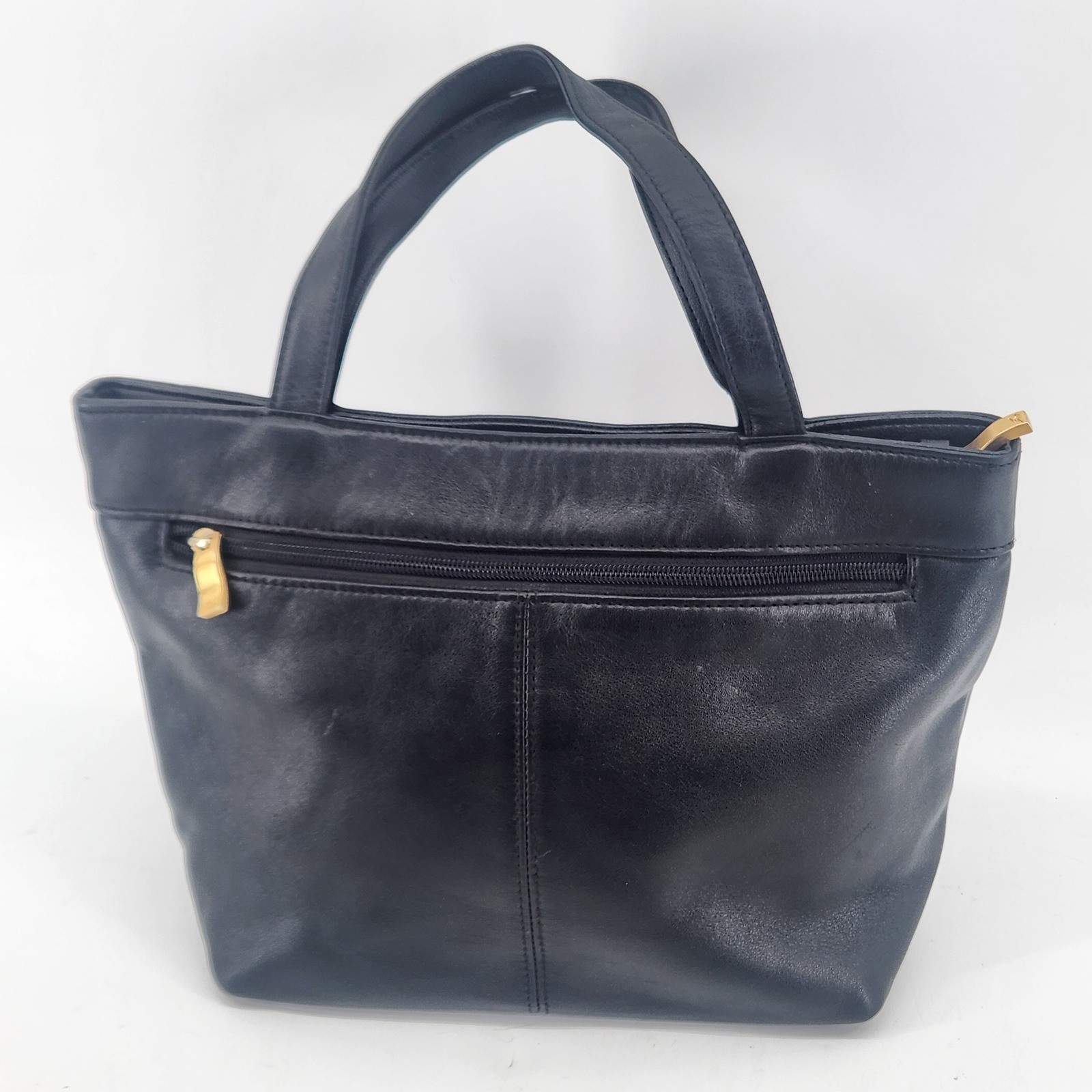 Stone Mountain Black Leather Tote Bag Gold Hardware Exterior Zip Pocket Handbag