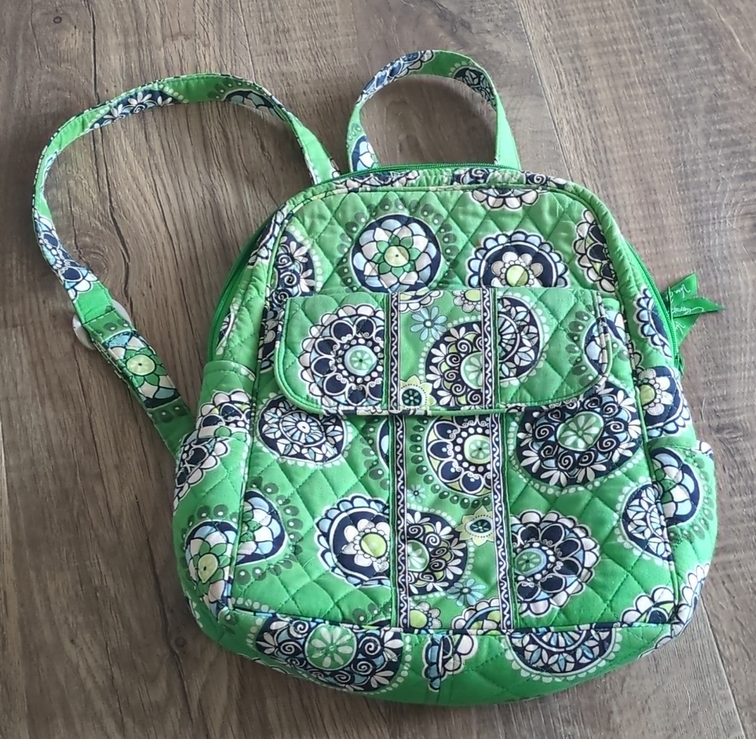 Vera Bradley Quilted Floral Small Backpack Zip Closure Pockets Green Blue White
