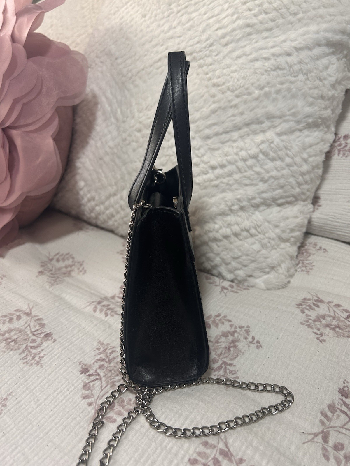 GUESS Black Mini Satchel Top Handle Bag Rhinestone Front Silver Chain Strap