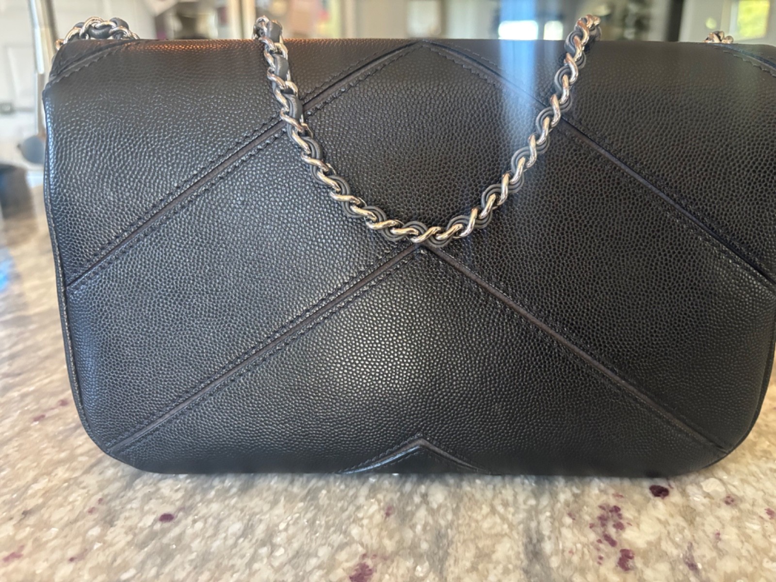 CHANEL Black Caviar Leather Chevron Envelope Flap Shoulder Bag Silver Hardware
