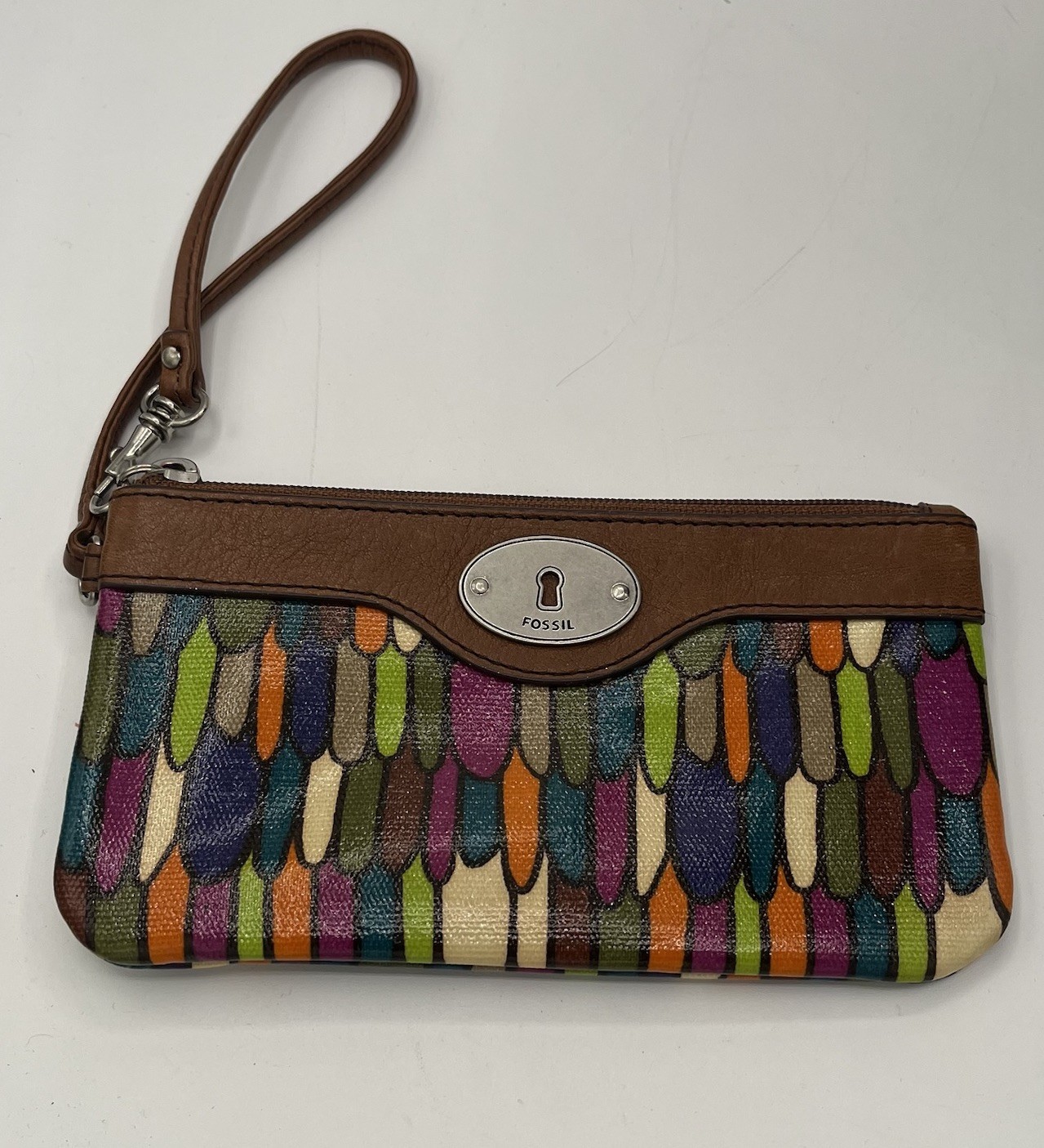 Fossil Purse Bag Clutch Wristlet 4×7 inch Rainbow Bars with Keyhole Logo Leather