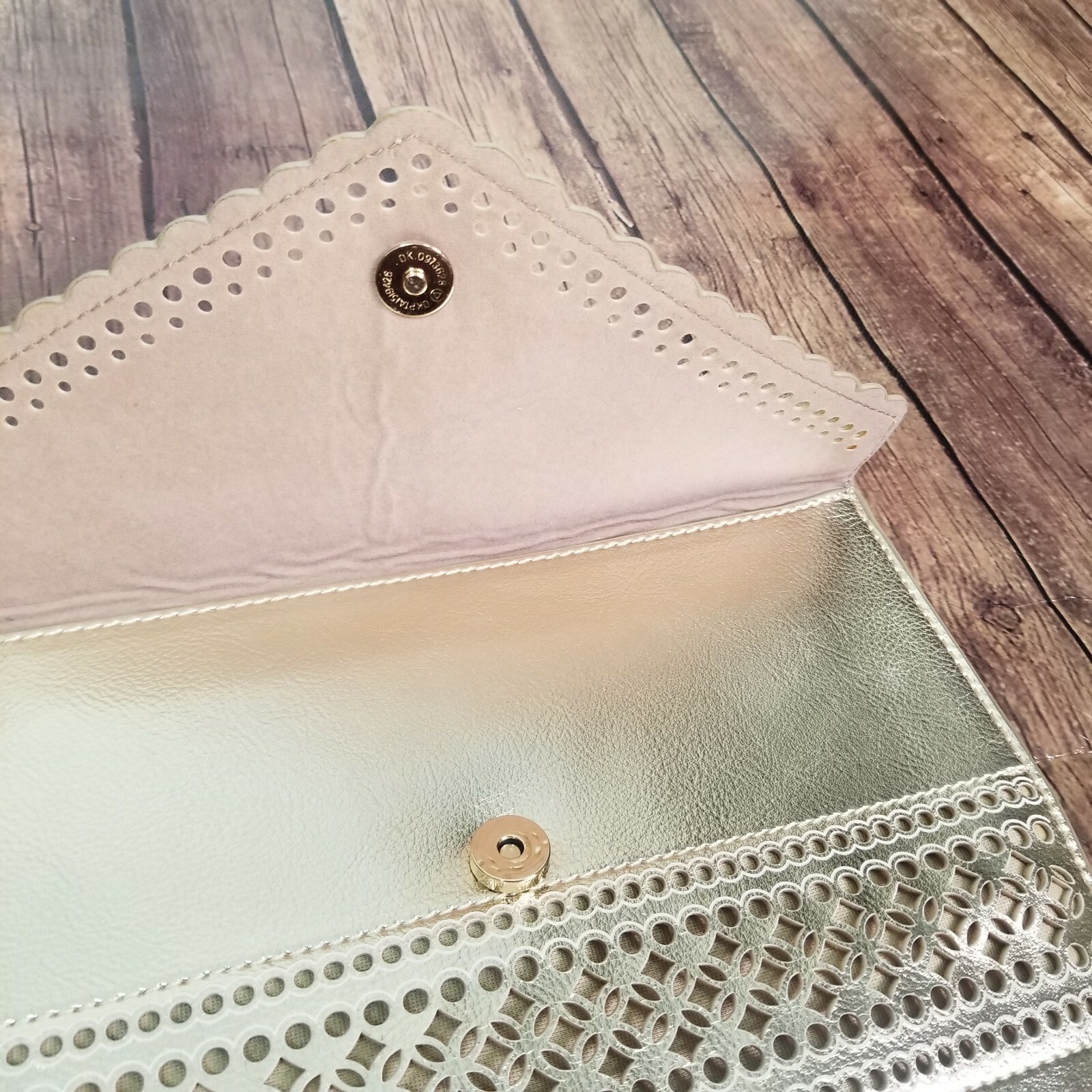 NEW Dressbarn Gold Clutch Scalloped Perforated Small Womens Flap Snap Closure
