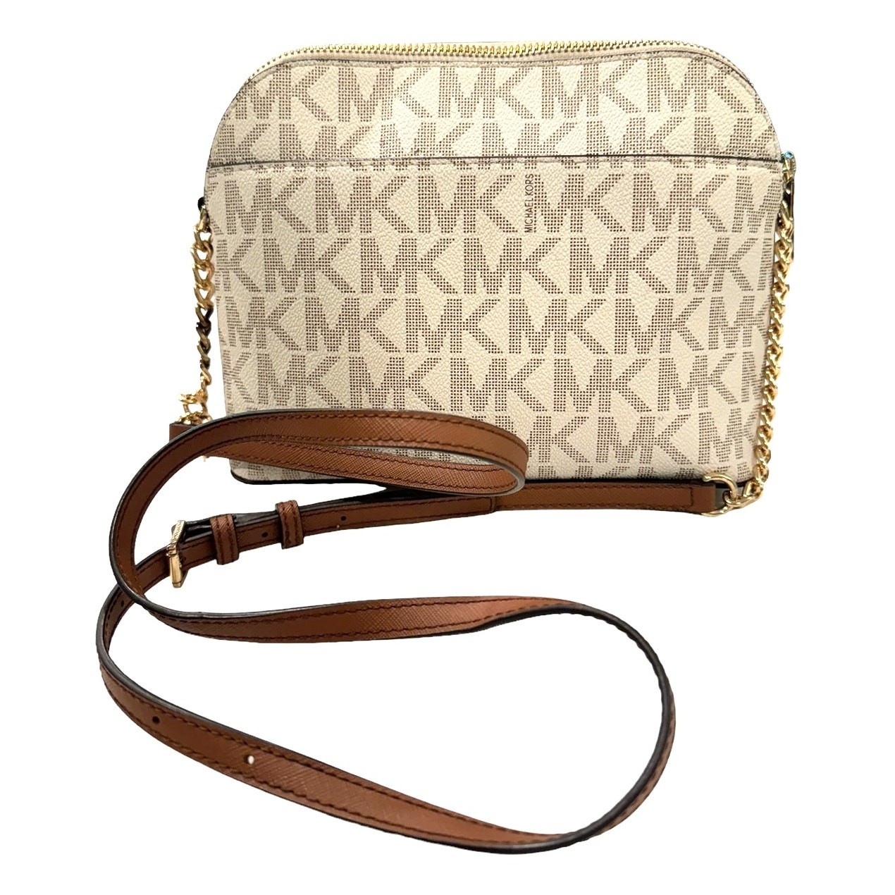 Michael Kors Classic Cream Logo Monogram Crossbody Gold Chain Shoulder Luxury