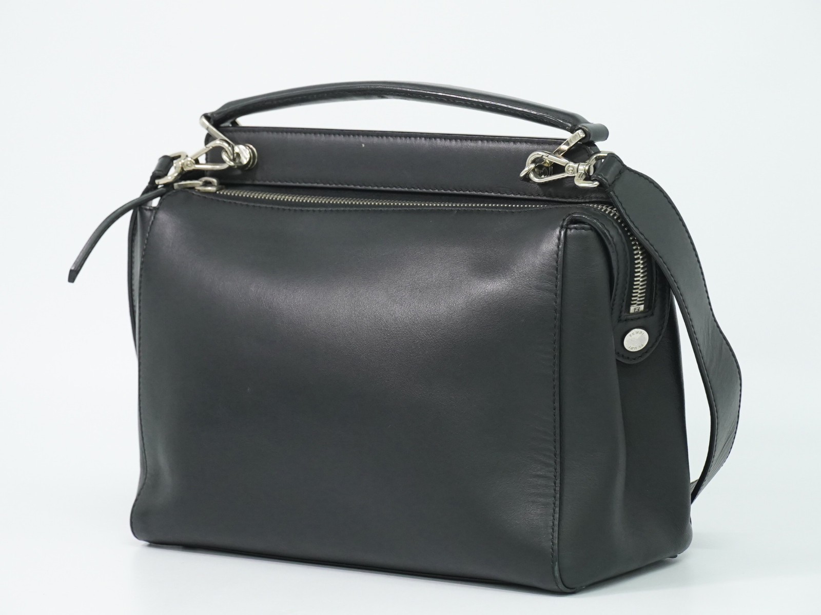 FENDI Dotcom 8BN293 Leather 2way Shoulder Top Handle Handbag Black Silver