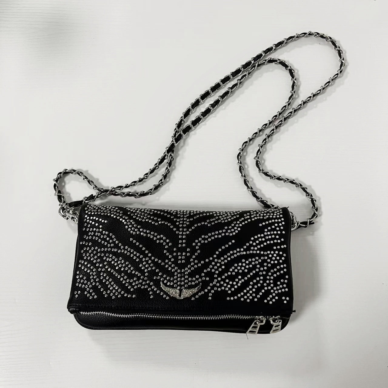 Zadig & Voltaire Black Leather Full Stud Wing Bag Chain Crossbody 27×15×3cm