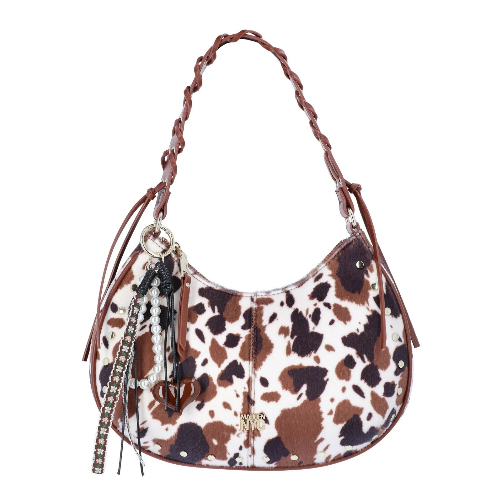 Madden NYC Women’s Half Moon Stud Shoulder Bag, Cow Print FREESHIPS