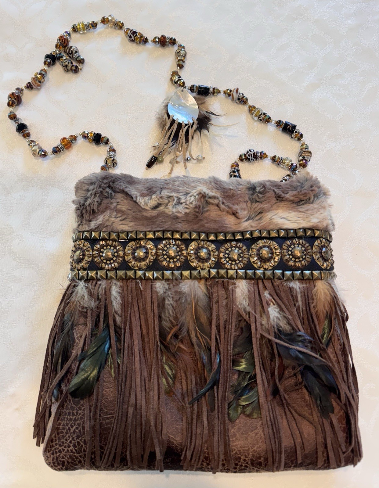 Handmade Boho Fringe Crossbody Purse Beaded Strap Faux Fur Feather Festival Bag