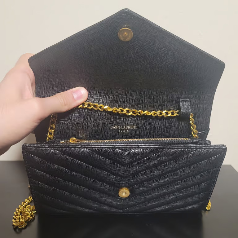 Saint Laurent YSL WOC Crossbody Bag Black Leather Gold Chain Strap
