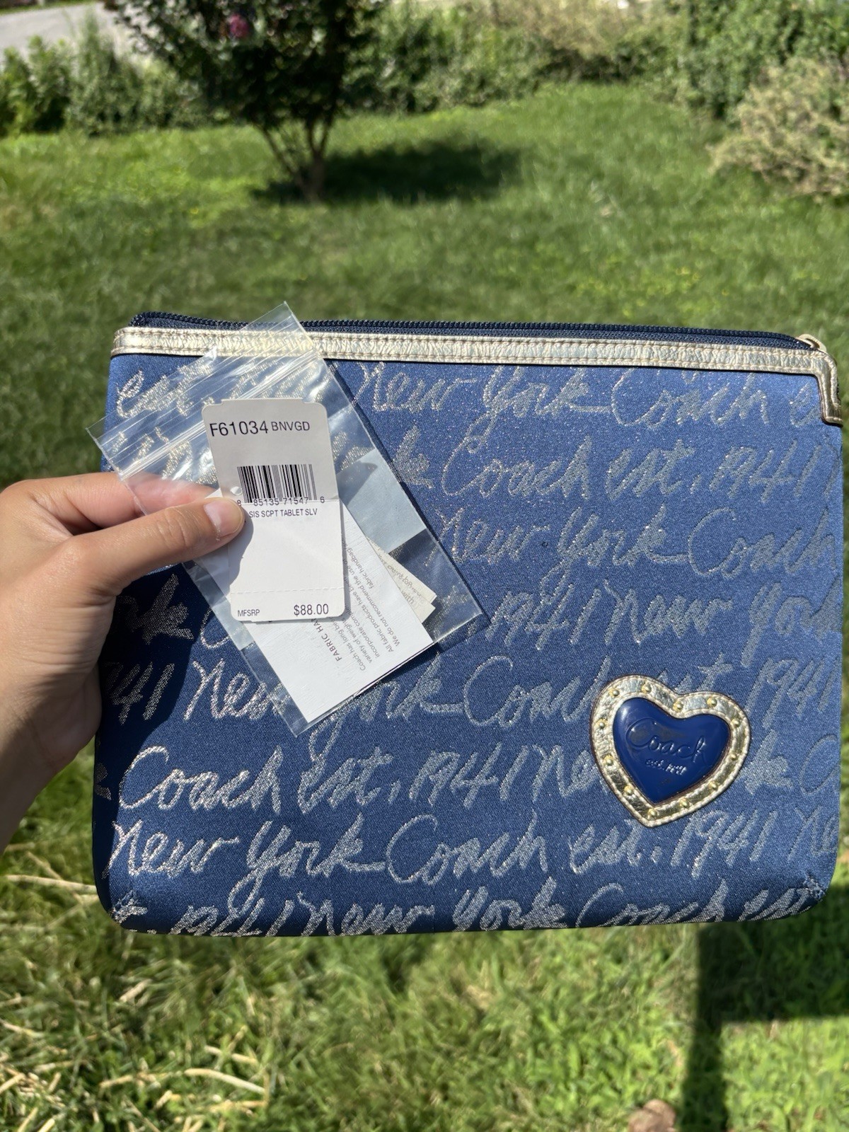 Coach Poppy Blue Logo Zip Pouch/Tablet Sleeve Heart Emblem Gold Trim