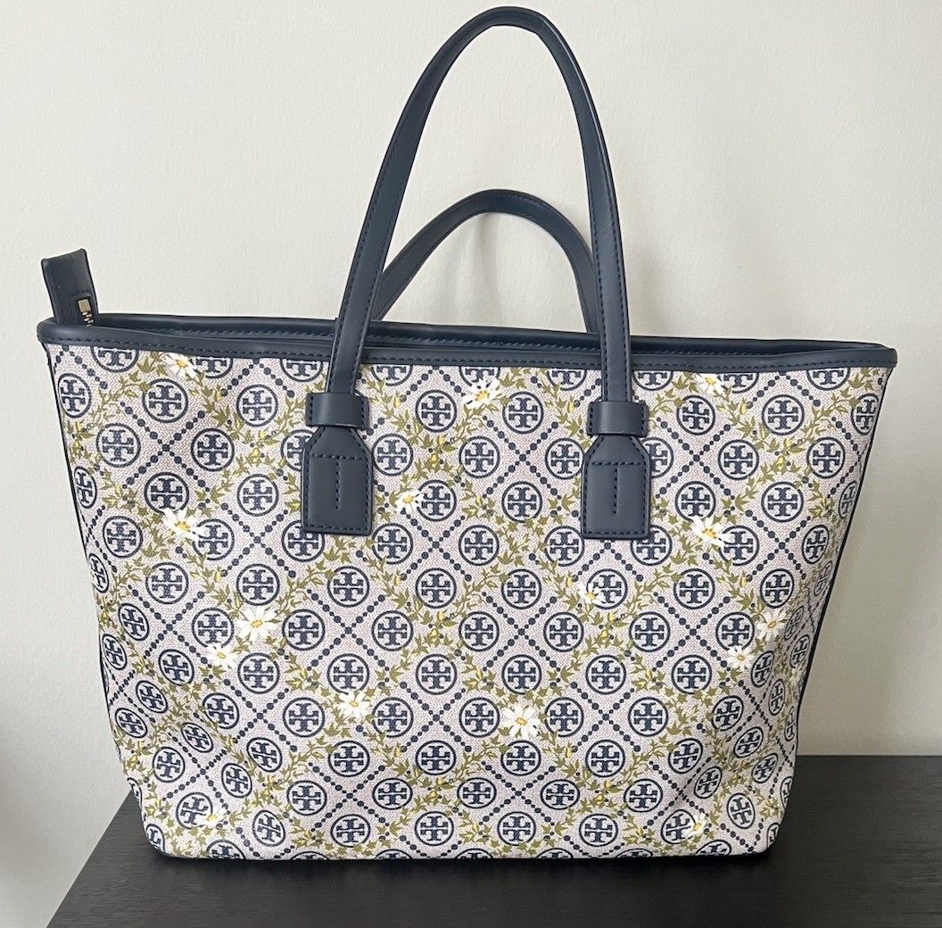 Tory Burch Blue White Logo Large Tote Top Zip Gold Hardware Bag Charm