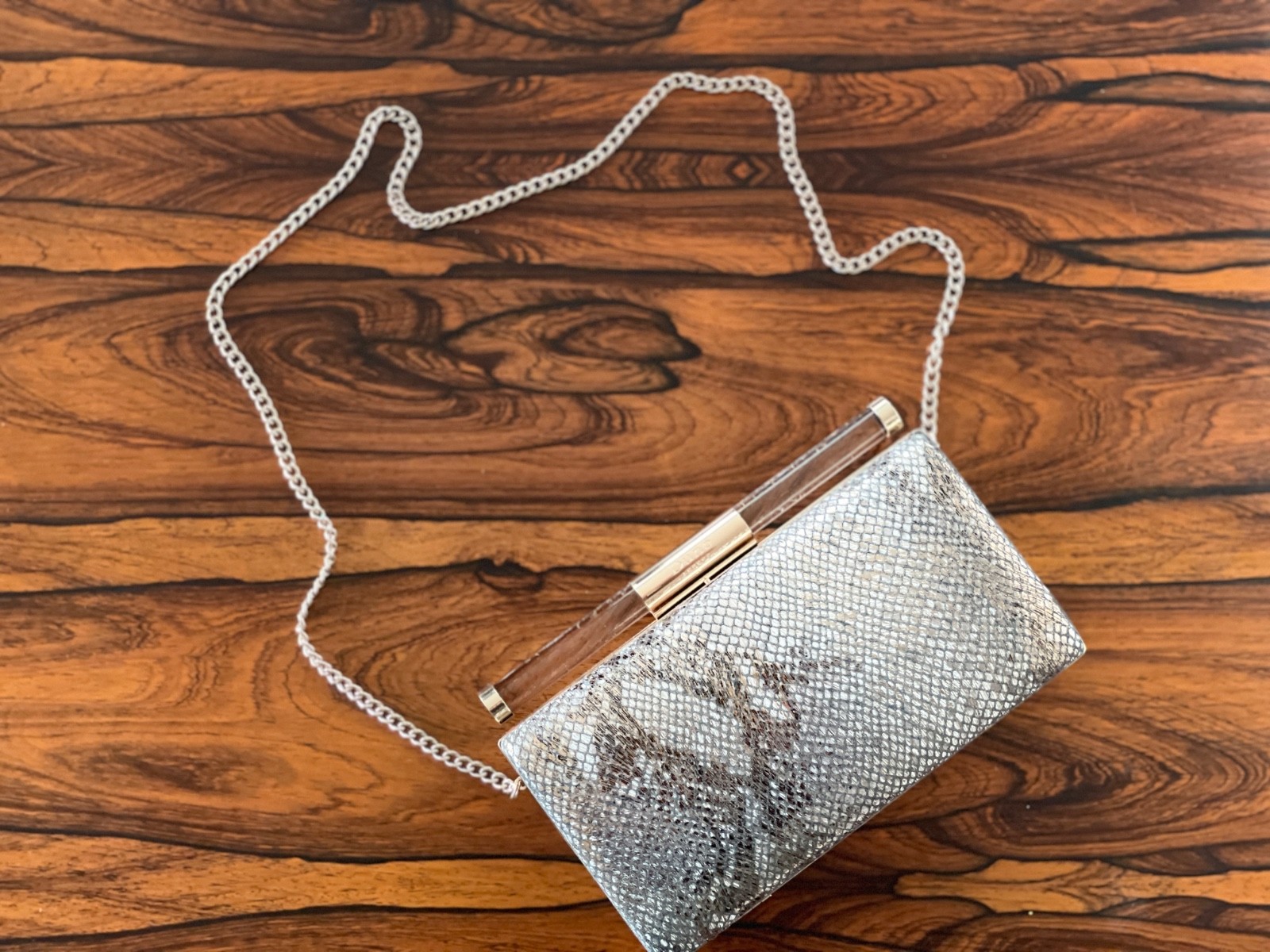 Dune London Gold/Silver Snake Skin Effect Faux Leather and Lucite Box Clutch