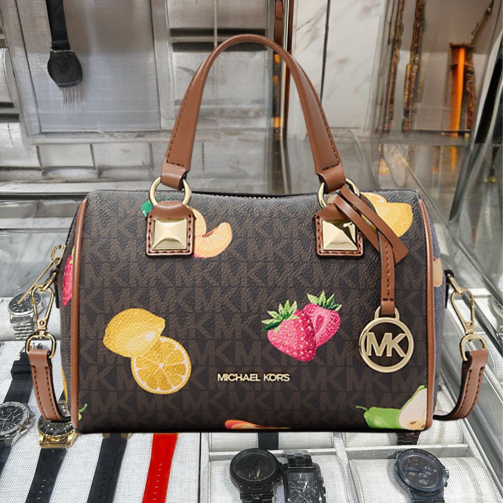 Michael Kors Grayson Women Small Printed Logo Duffel Crossbody Handbag Brown