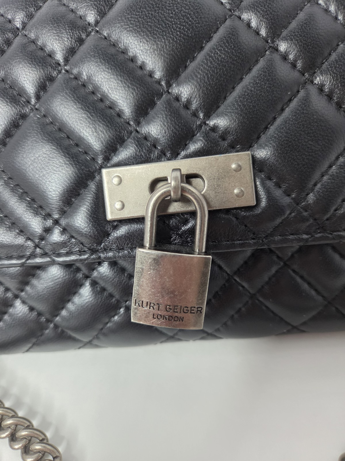 Kurt Geiger Black Quilted Chain Strap Padlock Accent Silver Hardware Women