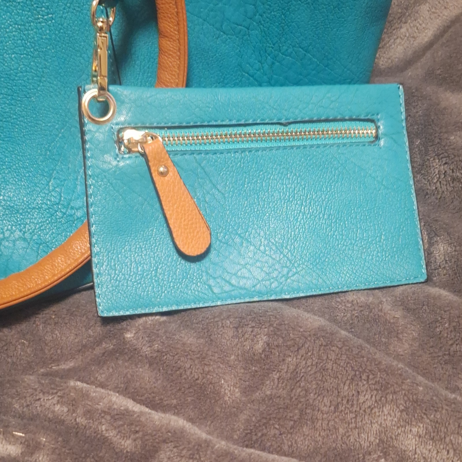 Turquoise/Brown Large Tote Bag Magnetic Closure Double Handles Removable Pouch