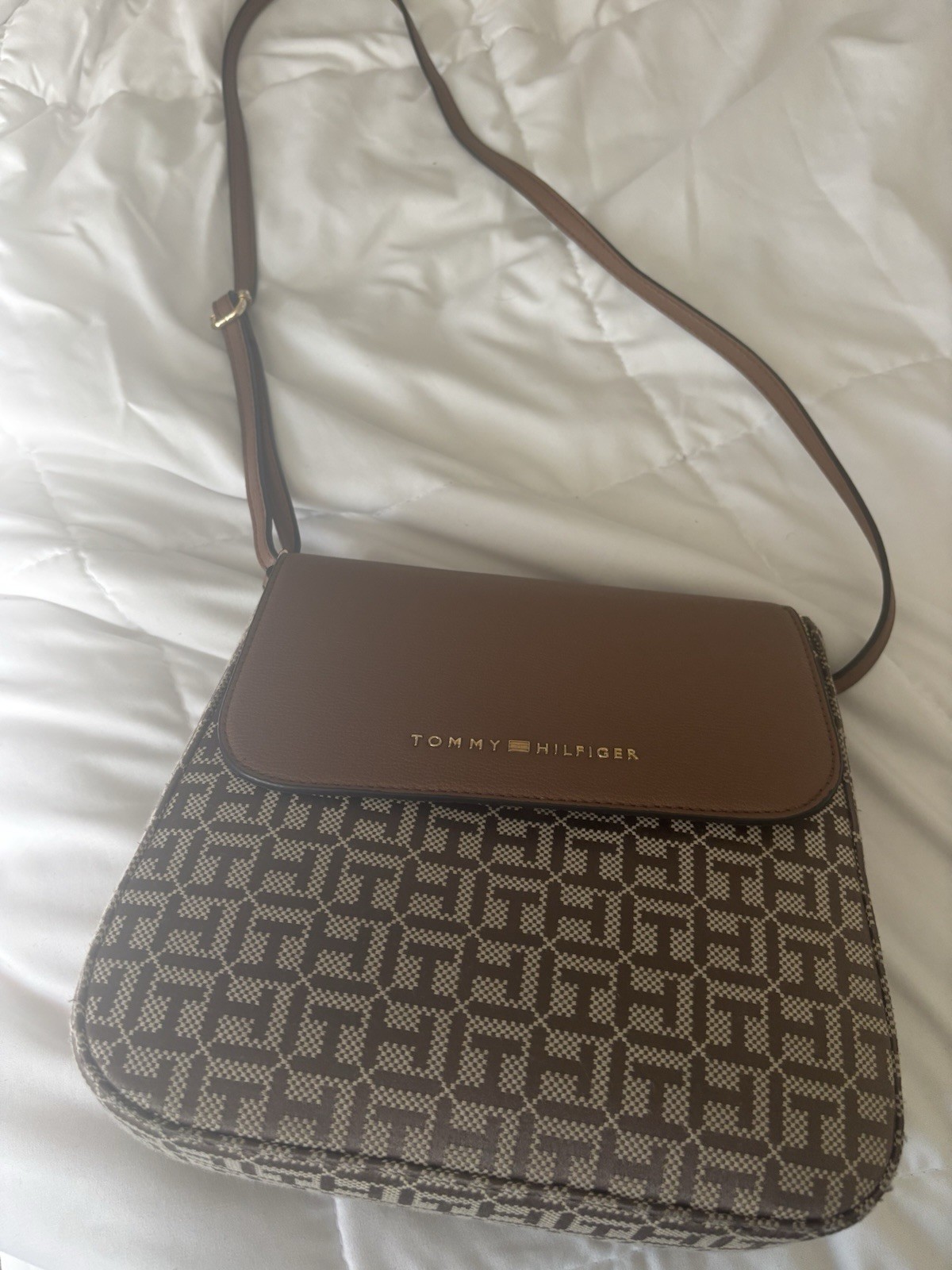 Tommy Hilfiger Logo Monogram Crossbody Bag Brown Adjustable Strap Gold Hardware