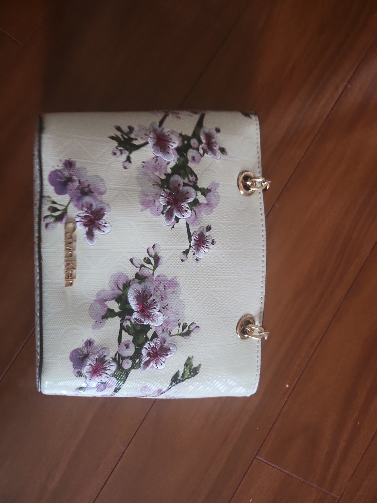 Calvin Klein Purse White With Stitched Purple Flowers Great For Spring & Summer!