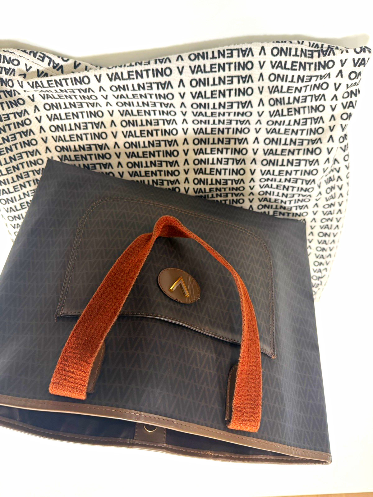 Mario Valentino Brown Monogram Tote Bag Double Handles Gold Hardware Dust Bag