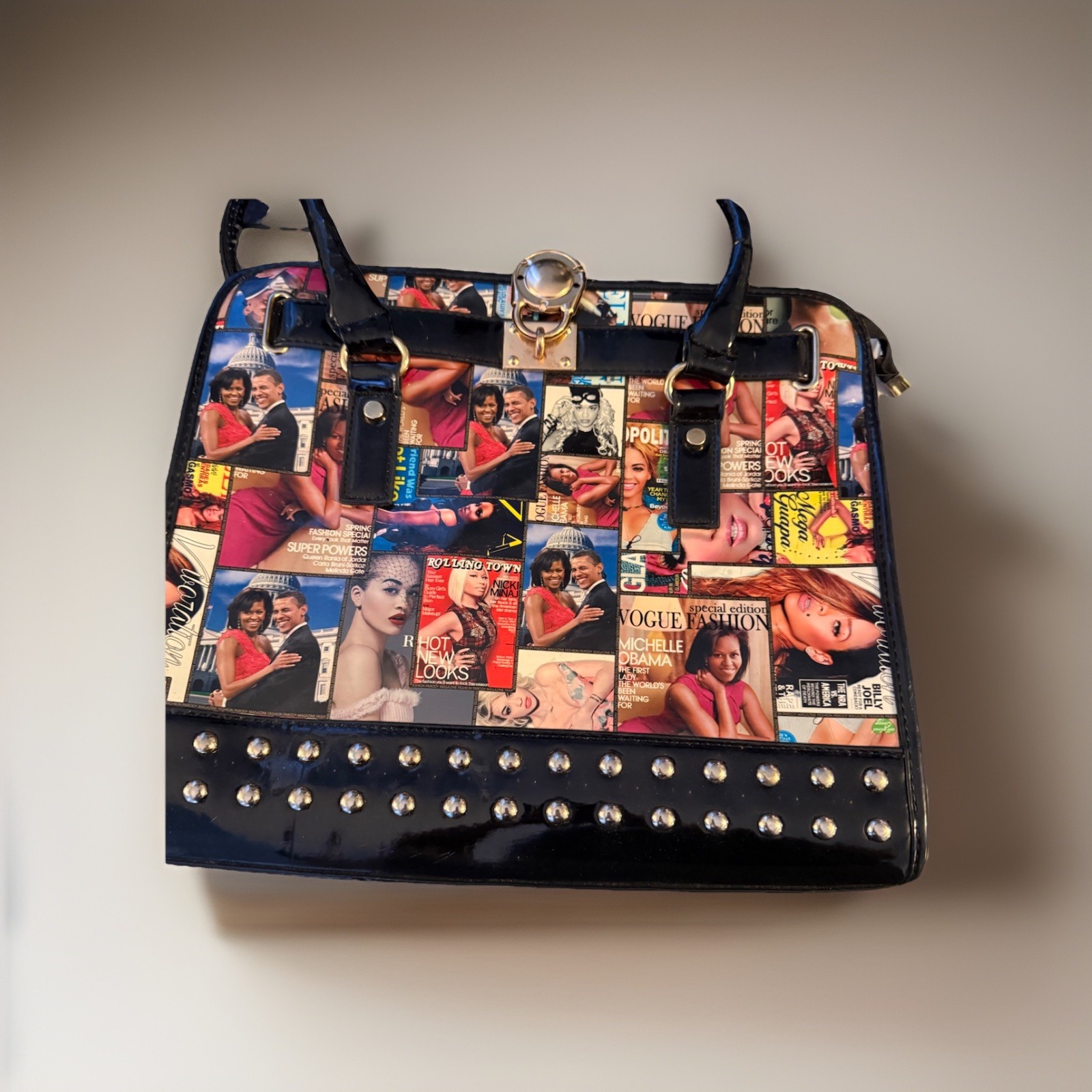 Cosmopolitan Magazine Cover Collage Obama Dome Glossy Satchel Bag w Handles Rare