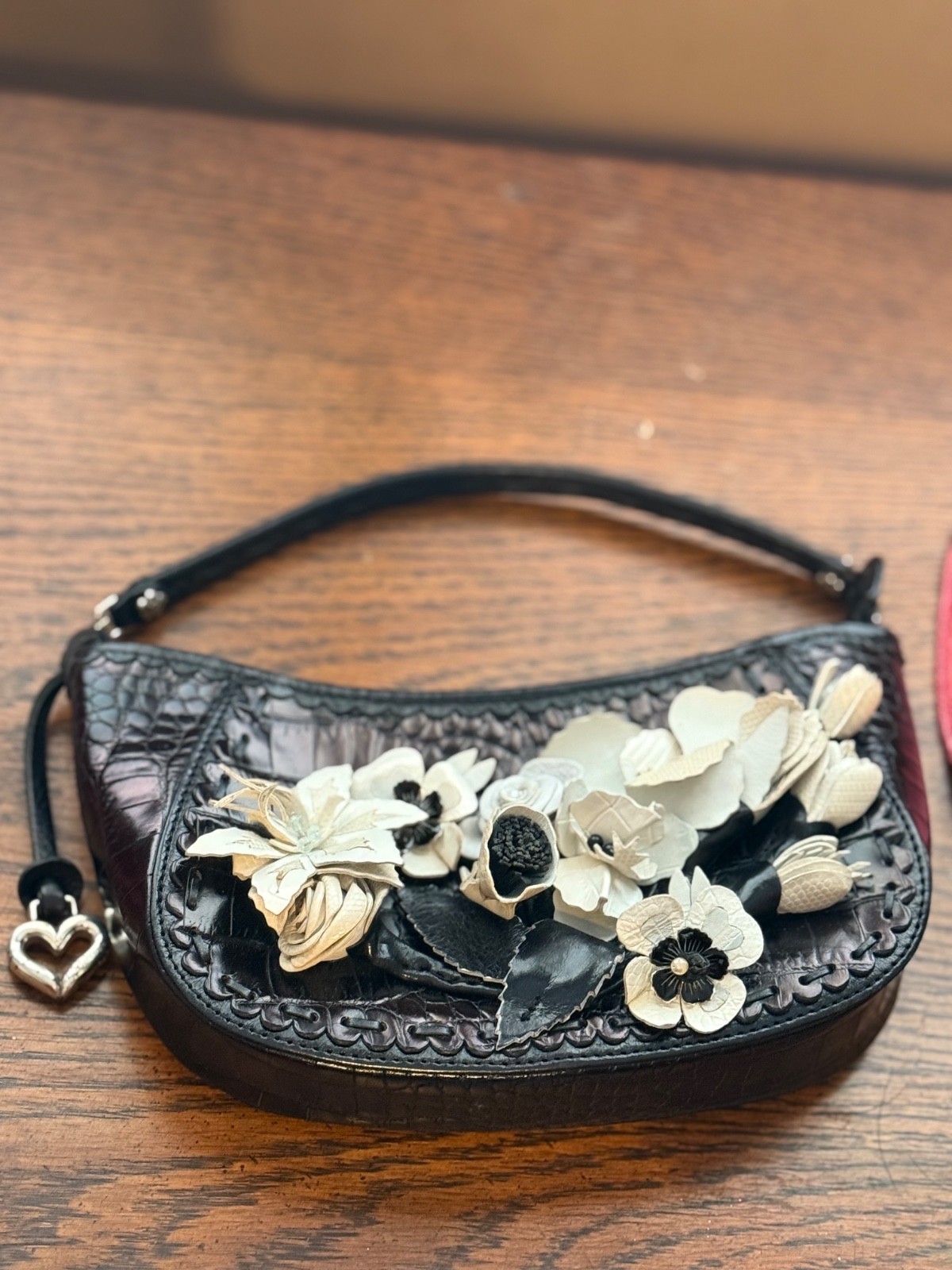 Brighton Calista Black Croc Embossed Patent Leather 3D Floral Mini Bag Evening