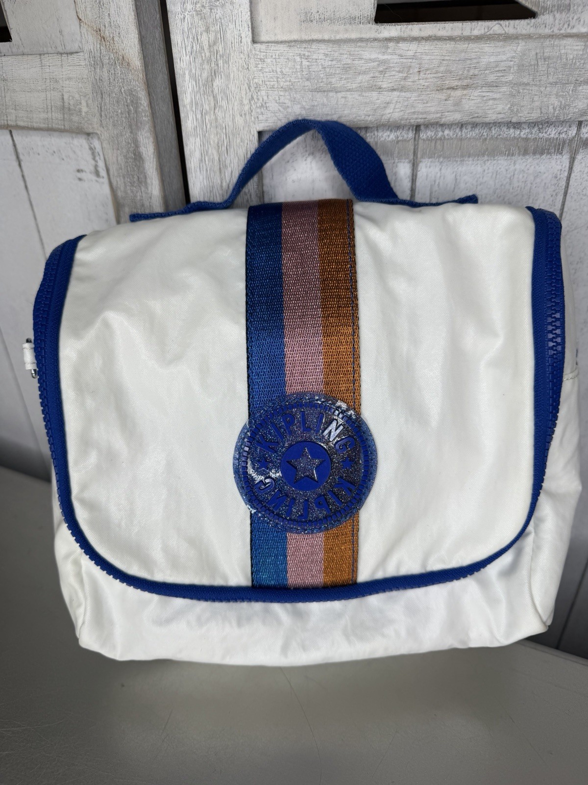Kipling Kichirou White Insulated Lunch Bag Polyester Metallic Striped Glitter