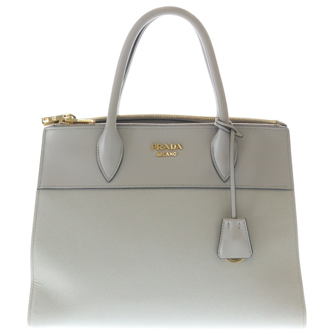 PRADA Saffiano Paradigm 2 Way Shoulder Bag Handbag Grey Leather 1BA102 Gold Used