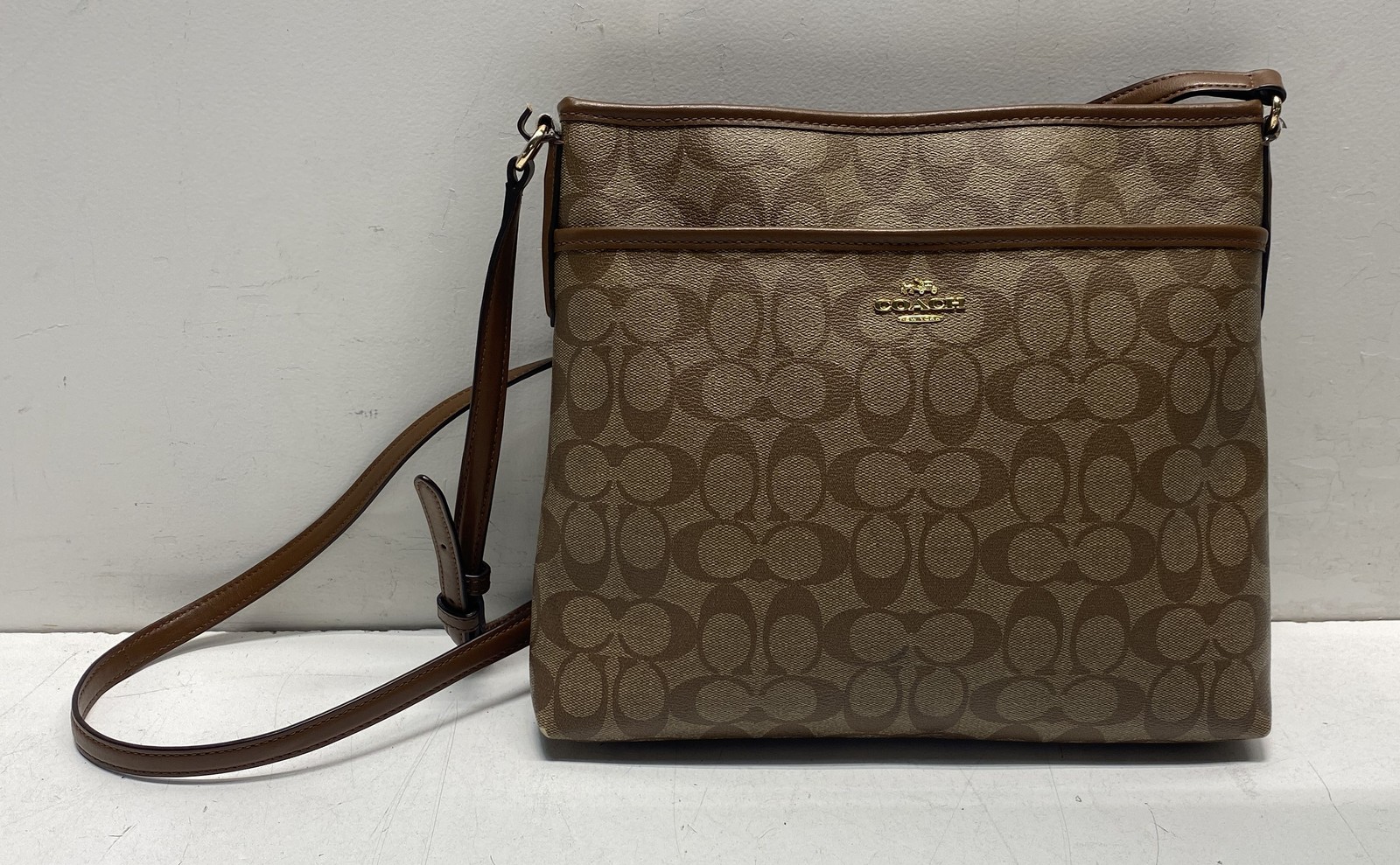 Coach Brown Signature Coated Canvas File Bag Crossbody F58297 Gold Hardware