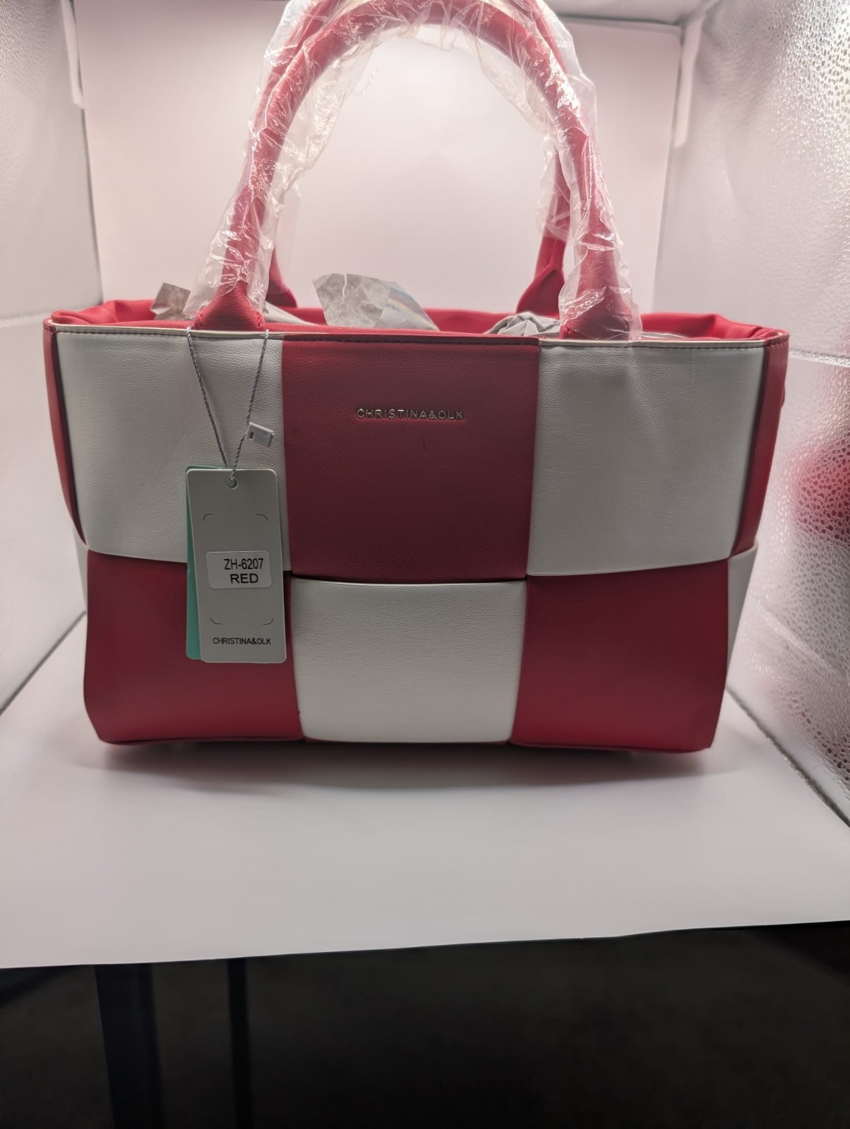 CHRISTINA&OLK Red/White Colorblock Tote Bag Logo Accent Double Handles