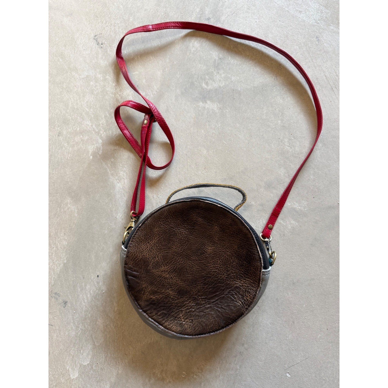 Soruka Crossbody Purse Recycled Leather Round Leopard Hair Hide Patchwork Multi