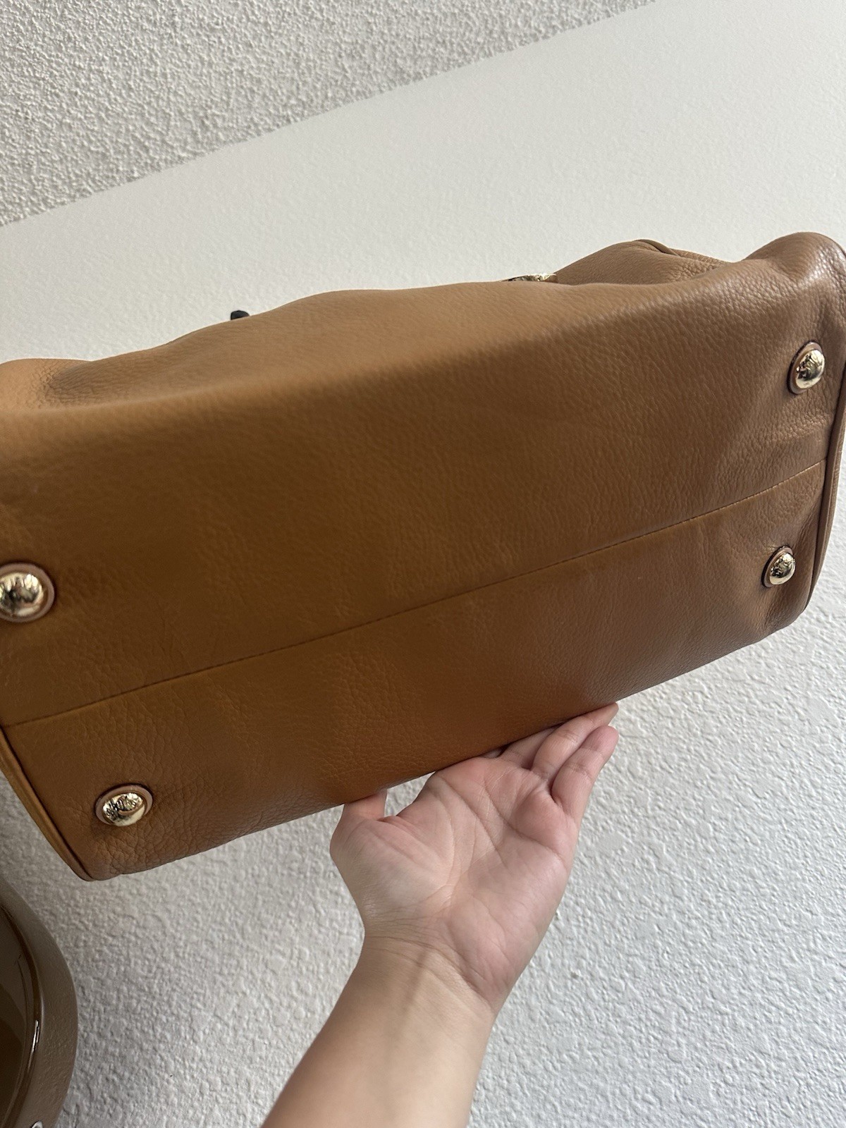 Michael Kors Grayson Pebbled Leather Satchel Bag Brown Gold Pyramid Studs Bowler