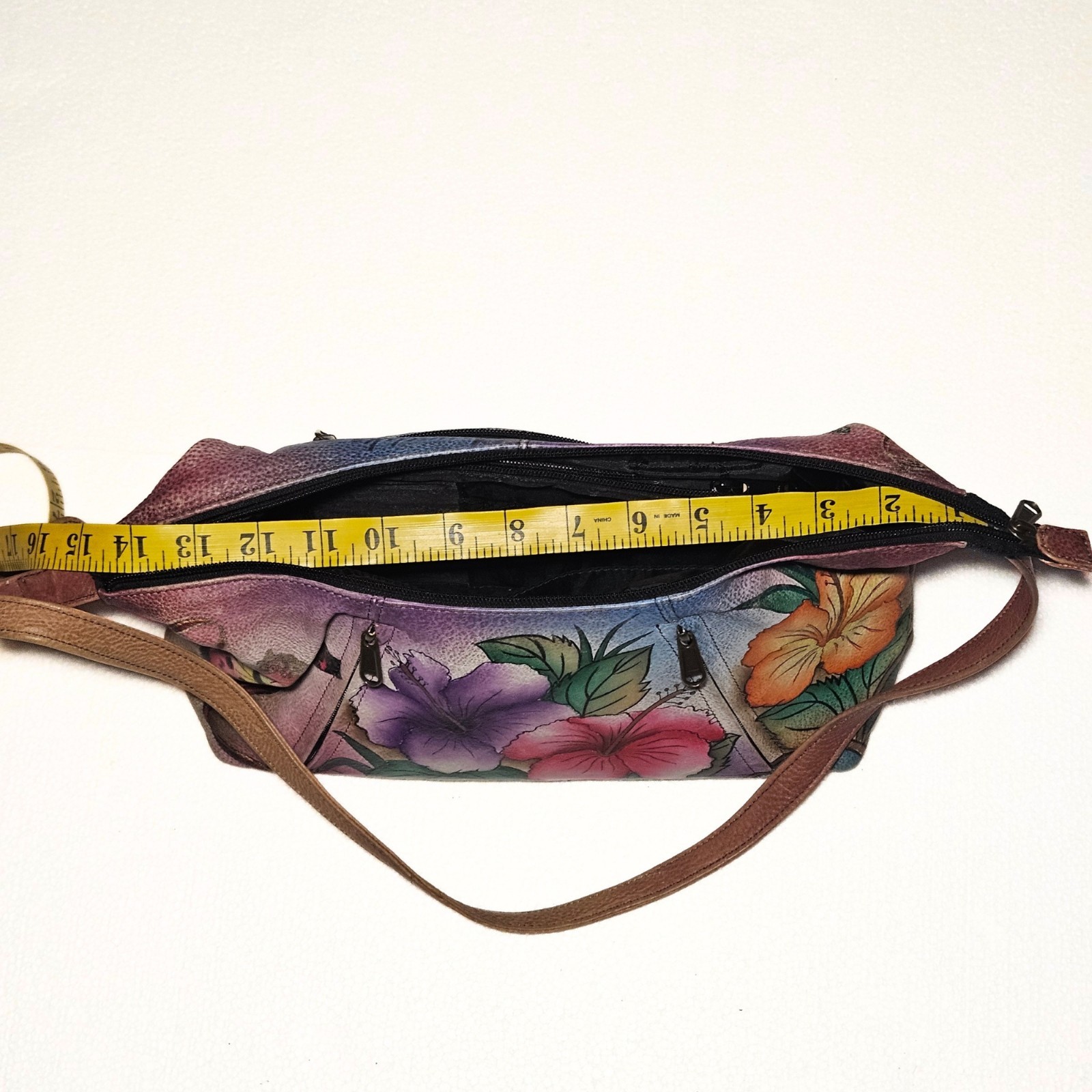 Anushka Hand Painted Leather Hobo Shoulder Bag Zip Pockets Floral Butterfly