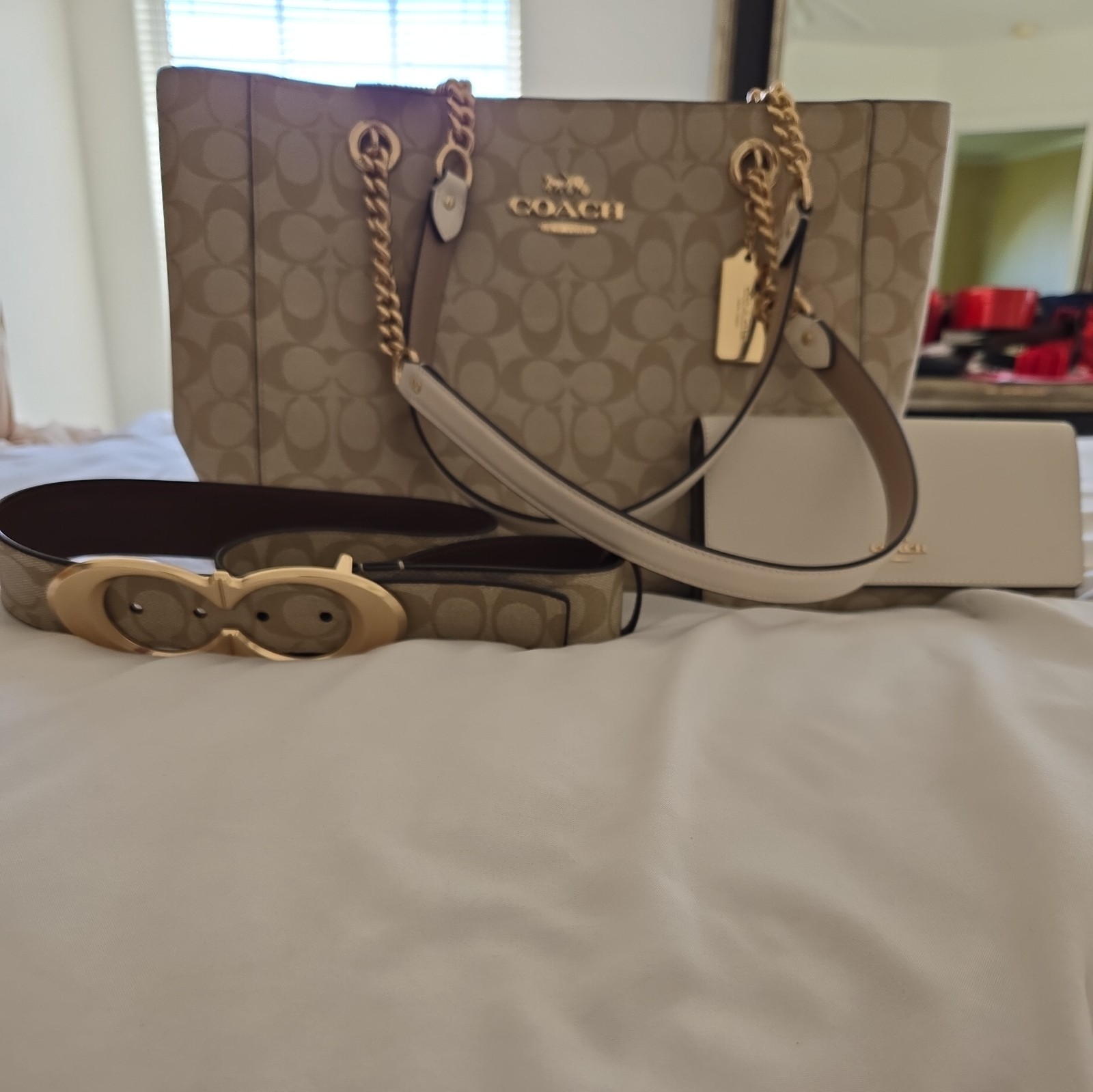 Coach Cammie Chain Tote, Wallett, Belt Light Khaki Chalk Gold 3 pcs