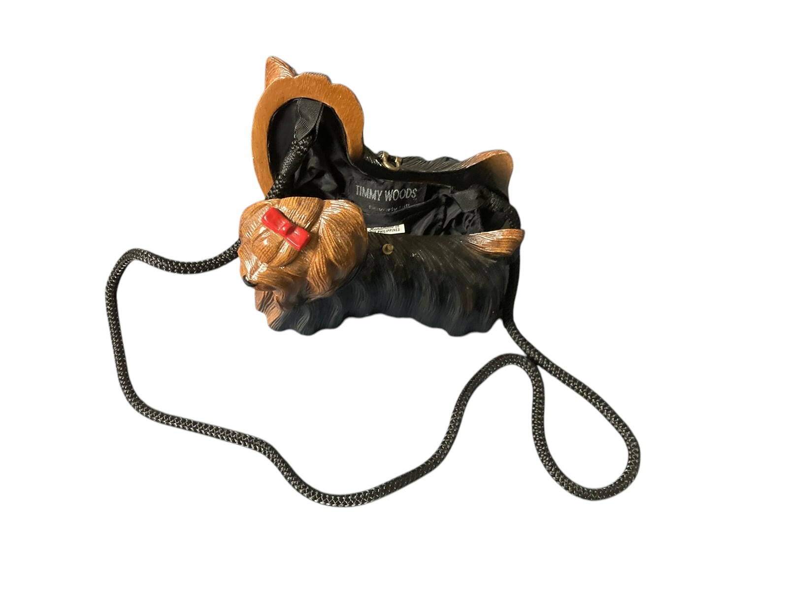 TIMMY WOODS YORKIE YORKSHIRE TERRIER DOG PURSE CLUTCH Wood RED BOW