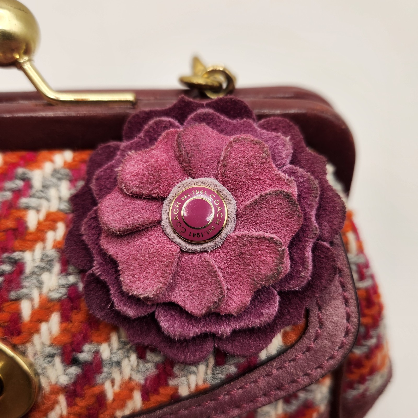 Y2K Coach Houndstooth Purple Tweed and Suede Kisslock Bag